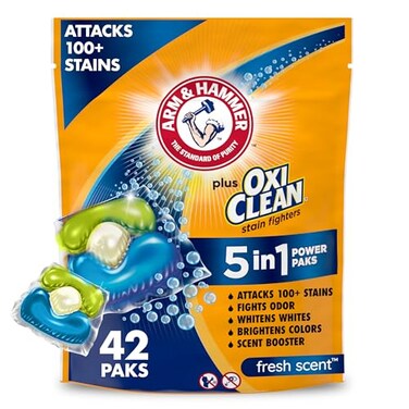Arm &amp; Hammer Plus OxiClean 5-in-1 Laundry Detergent Power Paks, 42 Count (Packaging may vary)