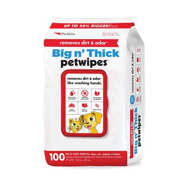 Petkin Pet Wipes for Dogs and Cats, 100 Large Wipes - Removes Dirt &amp; Odor Like Washing Hands - Cleans Ears, Face, Butt, Eye Area - Convenient, Ideal for Home or Travel - 1 Pack of 100 Wipes