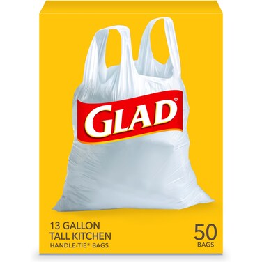 Glad Tall Kitchen Handle-Tie Trash Bags, 13 Gallon White Trash Bag, 50 Ct (Package May Vary)