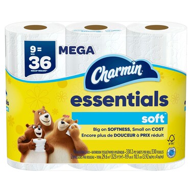Charmin Essentials Soft Toilet Paper, 9 Mega Rolls = 36 Regular Rolls