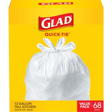 Glad Tall Kitchen Quick-Tie Trash Bags, 13 Gallon, White, 68 Count, (Package May Vary)