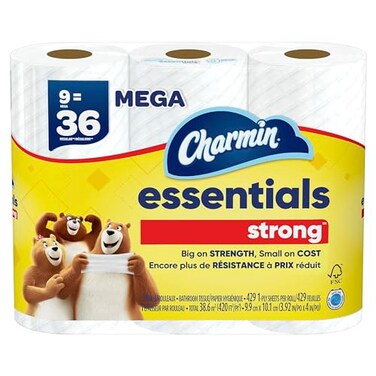 Charmin Essentials Strong Toilet Paper, 9 Mega Rolls = 36 Regular Rolls