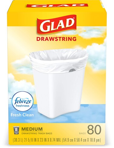 Glad Medium Kitchen Drawstring Trash Bags, 8 Gal, Fresh Clean Scent, 80 Ct (Package May Vary)