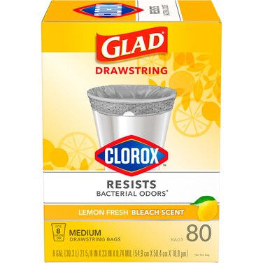 Glad Medium Drawstring Trash Bags with Clorox, 8 Gal, Lemon Fresh Bleach, 80 Ct (Package May Vary)