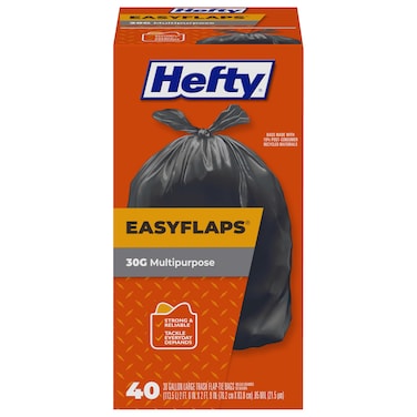 Hefty Easy Flaps Multipurpose Large Trash Bags, Unscented, 30 Gallon, 40 Count