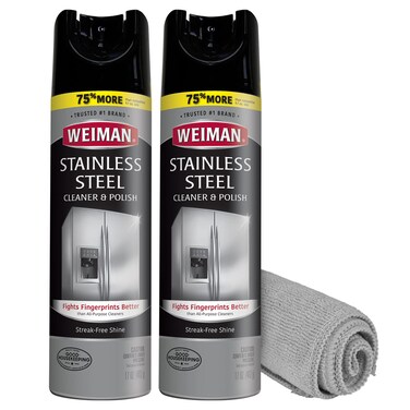 Weiman Stainless Steel Cleaner &amp; Polish Streak-Free Shine - For Refrigerators, Oven, Dishwasher, Stove - 2 Pack Aerosol Spray with Microfiber Cloth Included