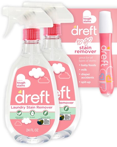Dreft Stain Remover for Baby Clothes, Fragrance Free and Hypoallergenic Baby Stain Remover Spray Plus Travel Size Stain Treater Pen, 24 Fl Oz ( Pack of 2 + Stain Pen)