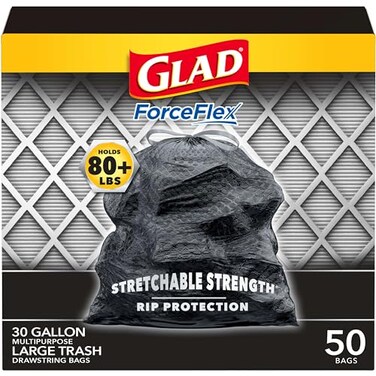 Glad Large Drawstring Trash Bags, ForceFlex 30 Gallon Black Trash Bags, 50 Count (Package May Vary)