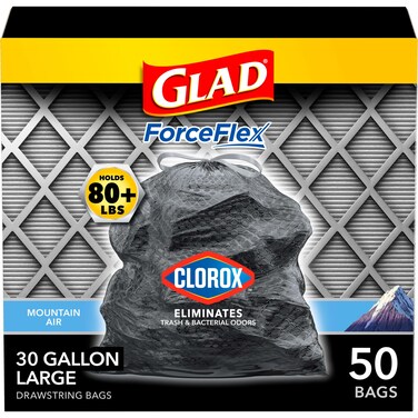 Glad Large Trash Bags, ForceFlex with Clorox, 30 Gal, Mountain Air, 50 Ct (Package May Vary)