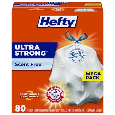 Hefty Ultra Strong Tall Kitchen Trash Bags, Unscented, 13 Gallon, (80 Count)