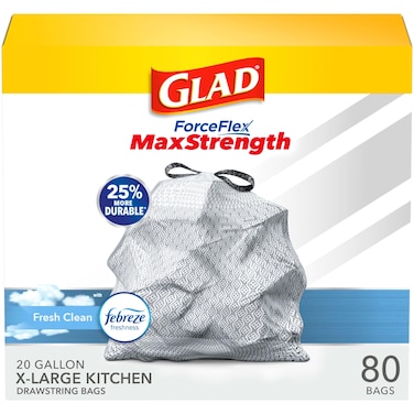 Glad ForceFlex MaxStrength XL Kitchen Trash Bags, 20 Gal, Fresh Clean, 80 Ct (Package May Vary)