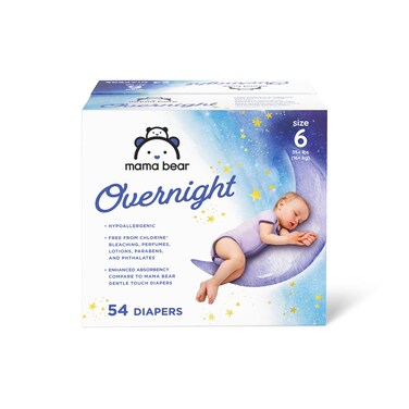 Amazon Brand - Mama Bear Overnight Disposable Baby Diapers, Hypoallergenic, Size 6 (54 count), Night Time Protection, White