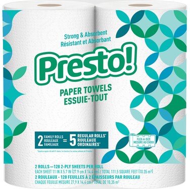 Amazon Brand - Presto! Flex-a-Size Paper Towels, 128 Sheet Family Roll, 2 Rolls (1 Packs of 2), 256 count, White