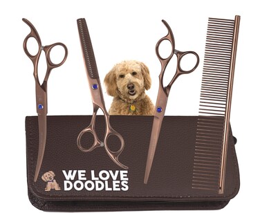 Dog Grooming Scissors Kit - Best Tools For Goldendoodles, Poodles &amp; Doodles - Straight, Curved &amp; Thinning Shears - Golden Doodle Grooming Kit - Professional Grade Steel, 4 Pc Set [We Love Doodles]