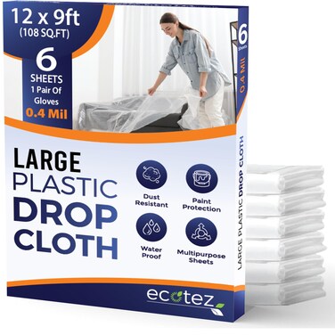Ecotez 6 Pack 12 x 9 ft Extra Large Painter's Drop Cloth - Light &amp; Durable Dust Cover - Clear Plastic Sheet - Paint Drop Cloth - Plastic Floor Protector