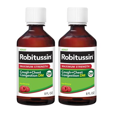 Robitussin Adult Maximum Strength Cough Plus Chest Congestion DM Max, Cough Suppressant and Expectorant, Raspberry Flavor, 8 Fl Oz x 2
