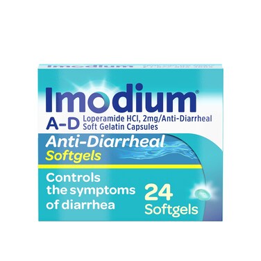 Imodium A-D Anti-Diarrheal Medicine Softgels with 2 mg Loperamide Hydrochloride per Capsule, Diarrhea Relief to Help Control Symptoms Due to Acute, Active &amp; Traveler's Diarrhea, 24 ct.