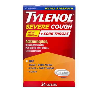 Tylenol Extra Strength Severe Cough + Sore Throat Caplets, Daytime Extra Strength Pain Reliever &amp; Fever Reducer + Cough Suppressant, Acetaminophen 500 mg, Dextromethorphan HBr 15 mg, 24 ct