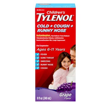 Children's Tylenol Cold + Cough + Runny Nose, Acetaminophen, Pain &amp; Fever Relief, Chlorpheniramine Maleate, Antihistamine, Dextromethorphan HBr, Cough Suppressant; Grape Liquid, 8 fl. oz