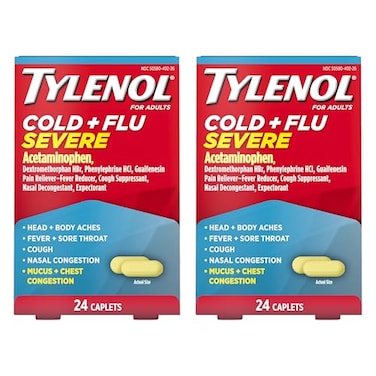 Tylenol Cold + Flu Severe Medicine Caplets for Cold &amp; Flu Symptom Relief, Fever Reducer, Pain Reliever, Cough Suppressant, Nasal Decongestant &amp; Expectorant with Acetaminophen, 2 Pack