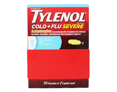 Tylenol Cold + Flu Severe Medicine Caplets for Cold, Flu, Fever &amp; Cough Relief, 50 Pouches of 2 ct.