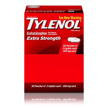 Tylenol Extra Strength Caplets with 500 mg Acetaminophen, Pain Reliever and Fever Reducer for Headache, Backache &amp; Menstrual Pain Relief, 2-Caplet Pouches, 50 Count