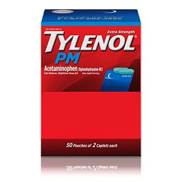 Tylenol PM Extra Strength Nighttime Pain Reliever Sleep Aid Caplets with Acetaminophen &amp; Diphenhydramine HCl, Relief for Nighttime Aches &amp; Pains, Travel Size, 50 Packs of 2 Caplets
