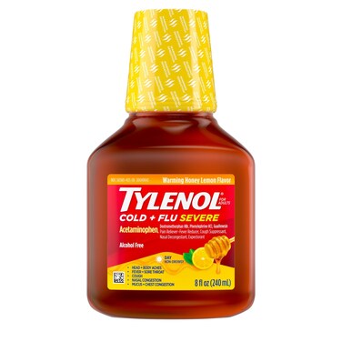 Tylenol Cold + Flu Severe Medicine w/Acetaminophen, DextromethorphanHBr, Guaifenesin, PhenylephrineHCI, Liquid Daytime Cold/Fever &amp; Chest Congestion Relief, Warming Honey Lemon, 8 Fl. Oz
