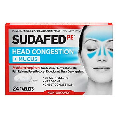 Sudafed PE Head Congestion + Mucus Tablets for Sinus Pressure, Pain &amp; Congestion, 24 ct
