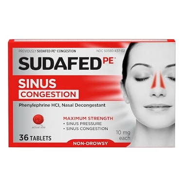 Sudafed PE Sinus Congestion Maximum Strength Non-Drowsy Decongestant Tablets, 36 ct