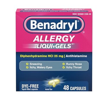 Benadryl Liqui-Gels Antihistamine Allergy Medicine &amp; Cold Symptom Relief, Dye-Free Liquid Gels with 25 mg of Diphenhydramine HCl for Symptoms Such As, Runny Nose, Sneezing &amp; More, 48 ct