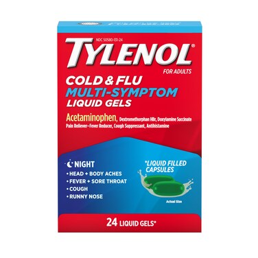 Tylenol Nighttime Cold &amp; Flu Multi-Symptom Liquid Gels, Adult Cold &amp; Flu Relief Medicine, Pain Reliever &amp; Fever Reducer + Cough Suppressant &amp; Antihistamine, 24 ct