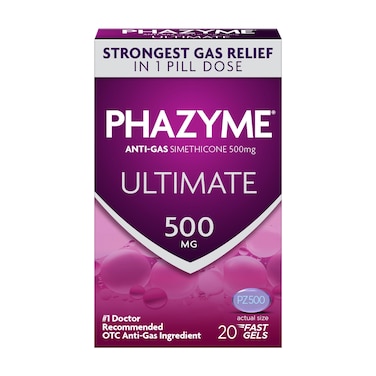 Phazyme Gas Relief, Ultimate Gas and Bloating Relief for Adults, 500 mg Simethicone Fast Gels, 20 Count