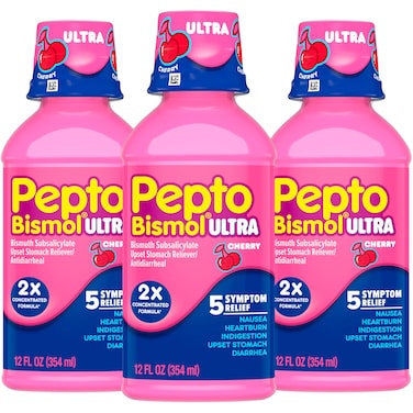 Pepto Bismol Liquid Ultra for Nausea, Heartburn, Indigestion, Upset Stomach, and Diarrhea - 5 Symptom Fast Relief, Cherry Flavor 12 oz (Pack of 3)