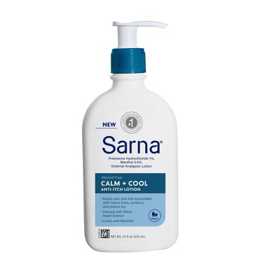 Sarna Calm + Cool Anti-Itch Lotion, Soothe and Relieve Pain and Itch from Insect Bites, Sunburn, &amp; Poison Ivy, Contains 1% Pramoxine Hydrochloride, 0.5% Menthol, Vegan, Steroid-Free, 7.5oz