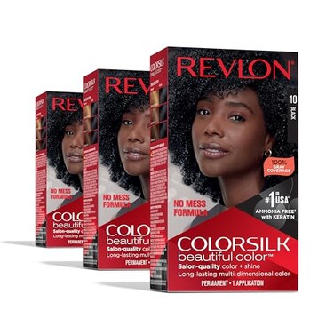 Permanent Hair Color by Revlon, Permanent Black Hair Dye, Colorsilk with 100% Gray Coverage, Ammonia-Free, Keratin and Amino Acids, Black Shades, 10 Black (Pack of 3)