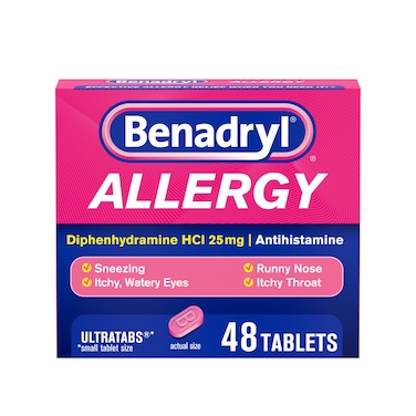 Benadryl Ultratabs Antihistamine Allergy Relief Medicine, 25 mg Diphenhydramine HCl Tablets for Relief of Cold &amp; Allergy Symptoms Such as Sneezing, Runny Nose, &amp; Itchy Eyes &amp; Throat, 48 ct