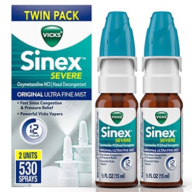 Vicks Sinex SEVERE Nasal Spray, Original Ultra Fine Mist, Decongestant Medicine, Relief from Stuffy Nose due to Cold or Allergy, &amp; Nasal Congestion, Sinus Pressure Relief, 265 Sprays x 2