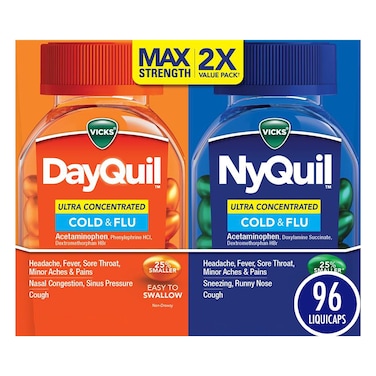 Vicks DayQuil &amp; NyQuil Ultra Concentrated Liquicaps Co-Pack, Cold &amp; Flu Medicine, Powerful Multi-Symptom Daytime &amp; Nighttime Relief for Headache, Fever, Sore Throat, Minor Aches &amp; Pains, &amp; Cough, 96ct