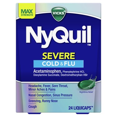 Vicks NyQuil Severe Cold, Flu, &amp; Congestion Medicine, 24 Liquicaps, Maximum Strength, 24Count