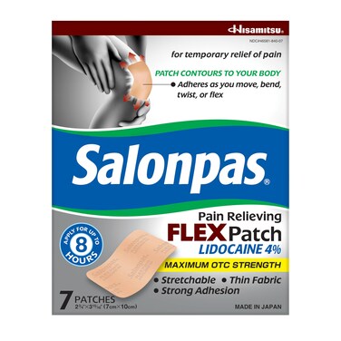 Salonpas Maximum OTC Strength Lidocaine 4% Pain Relieving FLEX Patch, Apply for Up To 8 Hours, Unscented, Thin, Flexible, Lightweight, Patch Stays in Place, 7 Patches