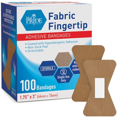 MED PRIDE Sterile Fabric Fingertip Adhesive Bandages 1.75'' x 3'' [100 Count]- First Aid Finger Bandages Coated with Hypoallergenic Adhesive- Latex-Rubber Free Wound Care - Individual Wrapped