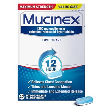 Mucinex 12 Hour 1200mg Maximum Strength Guaifenesin Chest Congestion &amp; Mucus Relief, Guaifenesin Expectorant Aids Mucus Removal, Chest Decongestant for Adults, Dr Recommended, 42ct Tablets