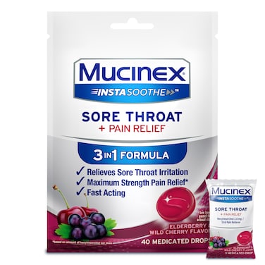 Mucinex Instasoothe Sore Throat Relief, Sore Throat Lozenges, Sore Throat Medicine with Hexylresorcinol, Cough Drops Alternative, 40 Elderberry &amp; Wild Cherry Medicated Numbing Throat Drops