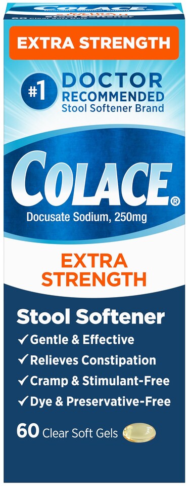 Colace Extra Strength Stool Softener for Gentle Effective Constipation Relief, #1 Doctor Recommended Stool Softener Brand, 250 mg Docusate Capsules, 60 Count