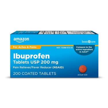 Amazon Basic Care Ibuprofen Tablets, Fever Reducer and Pain Relief from Body Aches, Headache, Arthritis and More, Brown, 200 Count (Packaging may vary)