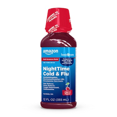 Amazon Basic Care Night Time Cold &amp; Flu Liquid, Cherry, 12 fl oz (Pack of 1)