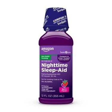 Amazon Basic Care Night Time Sleep-Aid Liquid for Adults, Diphenhydramine HCl 50 mg, Mixed Berry Flavor, Packaging May Vary, 12 fl oz (Pack of 1)