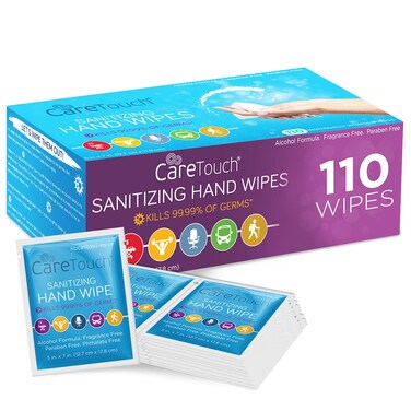 Care Touch Hand Sanitizer Wipes - 110 Hand Wipes Individually Wrapped - Travel Size - Sanitizing Wet Wipes for Home, Office &amp; Outdoor Use
