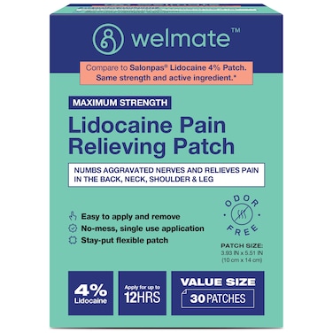 WELMATE   4% Lidocaine Numbing Patch   Maximum Strength   Temporary Relief of Pain, Back, Neck, Shoulders, Knees, Elbows, Minor Skin Irritations   Topical Analgesic Unscented   30 ct